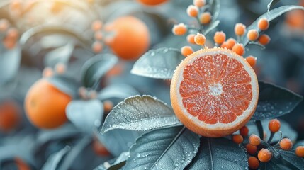   A grapefruit halved sits atop a tree, surrounded by leaves and oranges in the backdrop