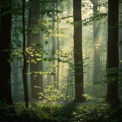 Morning Sunlight Casting Shadows in a Tranquil Forest.