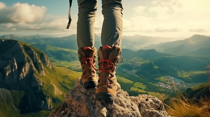 Female hiker legs with modern trekking and climbing boots on a rock in mountains. - obrazy, fototapety, plakaty