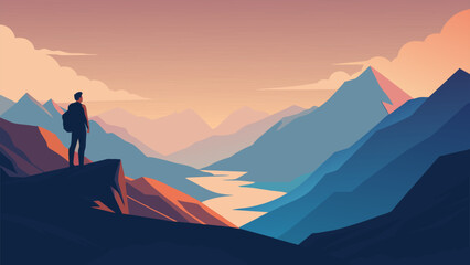On a secluded mountaintop a solo trekker pauses to take in the breathtaking view before them. As they gaze out at the vast uncharted landscape