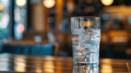 Glass of water with ice on a bar counter close-up with copyspace - obrazy, fototapety, plakaty