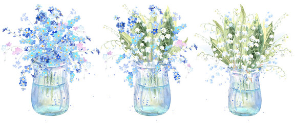 Forget me not, lily of the valley watercolor  clipart 
Hand painted floral illustration.