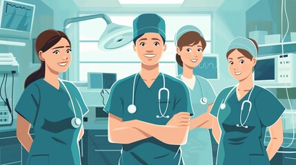 Smiling Medical Team in Scrubs Standing Together in Hospital Room illustration