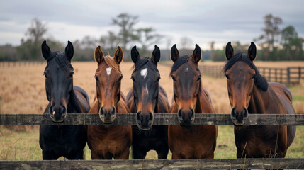 Four horses standing in a field with a wooden fence in the background
