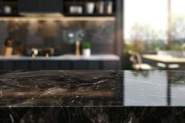 Dark marble table top on kitchen island, bokeh background for product display, digital ai art