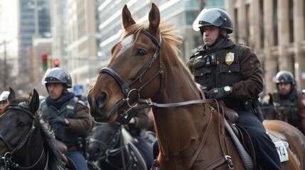 Obraz premium A police horse unit maneuvering away from a large crowd using their trained animals as a strategic tool for retreat. .