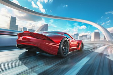Red super car racing on highway turn at high speed in sunny day, motion speed technology concept
