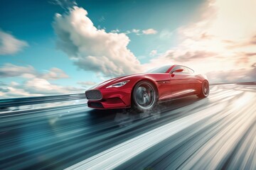 Red luxury super car racing at high speed on sunny day highway turn with motion blur effect