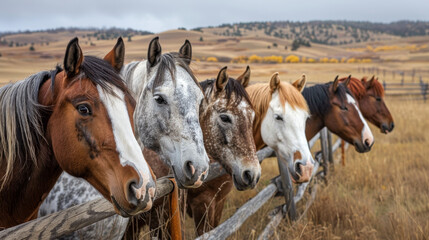Obraz premium Four horses are standing in a field behind a wooden fence