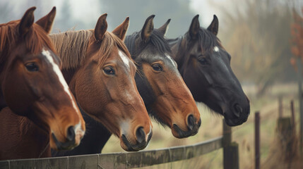 Three horses are standing in a field next to a wooden fence