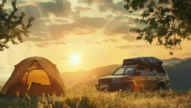 Camping in a national park with a sunset backdrop, surrounded by natural scenery, away from city life and technology, recharging energy and bonding during family camping. Animated 3D illustration