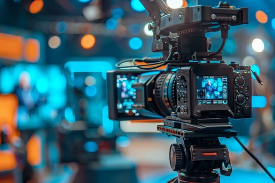 Modern video camera recording interview in tv show studio. Blurry background. Mass media, television, technology