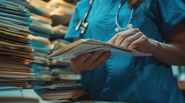 Detailed view of a nurse's hands handling confidential patient files, focusing on the importance of privacy in medical care