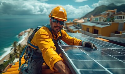 A solar power engineer installing the solar panels on the roof of a modern house