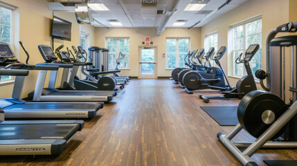 A gym with treadmills and stationary bikes