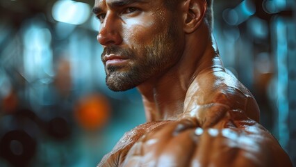 Displaying Workout Results: Bodybuilder Showing Strong Biceps Muscles in Studio Background. Concept Muscle Flexing, Bodybuilding, Studio Photoshoot, Fitness Progress, Strong Biceps