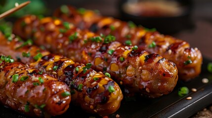 Korean corn dog, sausages in corn dough with a waffle pattern, covered with sweet sprinkles. - obrazy, fototapety, plakaty