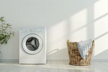 Laundry basket with clothes in front of a modern washing machine on a clean white background