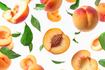 Juicy peaches falling with green leaves on white background, flying defocusing peach slices