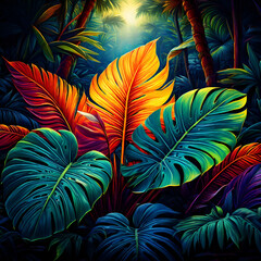 Fototapeta na wymiar large tropical leaves in the jungle.
