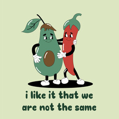 Groovy Cartoon Illustration. Friendship between vegetables and fruits. Friendship of pepper and avocado. Peppers and avocados hugging. I like it that we are not the same