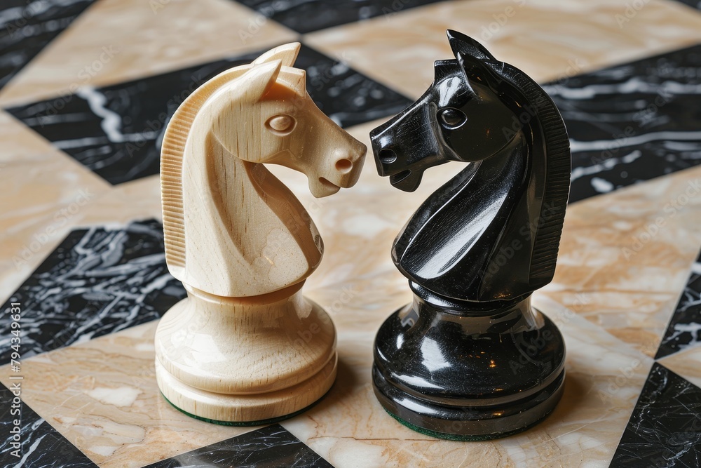 Poster chess pieces strategically positioned on chessboard for intellectual game concept