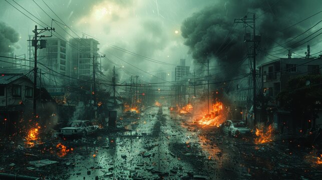 Dark, cinematic cityscape depicting devastation with fire and debris