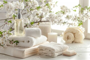 Obraz na płótnie Canvas Serene spa bathroom toiletries soap towel white background for relaxing ambiance