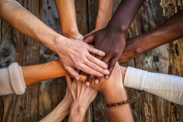 Diverse hands symbolize teamwork, empathy, partnership, and social connection in business