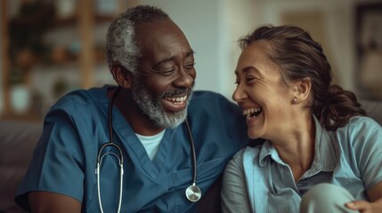 A nurse and patient laughing together during a home care session, depicted in a close-up that captures the trust and comfort of at-home nursing