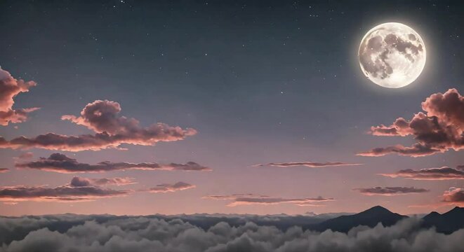 Anime-Style Illustration: Full Moon and Clouds Animated Background, Loopable Video
