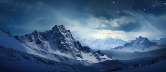 Cloudy sky over snowy mountain range creating a stunning natural landscape