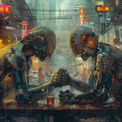Cybernetic Showdown: Two Cyborg Arms Arm Wrestling in Cyberpunk Atmosphere