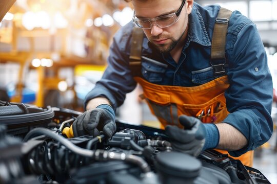 Professional auto mechanic providing car service and maintenance concept in busy auto repair shop - Powered by Adobe