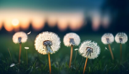 Floral summer spring background. white dandelion flowers close-up in a field on nature on a dark blue green background in evening at sunset. Colorful artistic image, free copy space