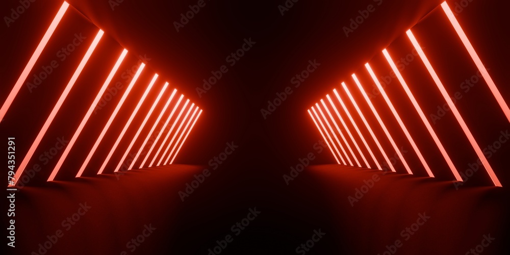 Poster abstract geometric pattern of glowing red neon squares in dark background 3d rendering