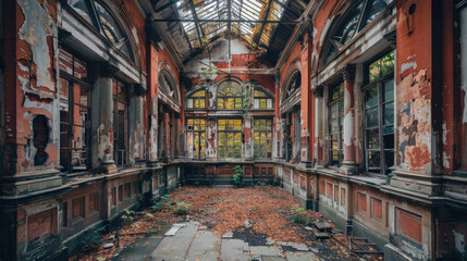 Fototapeta premium The inside of a building is empty and has a lot of damage