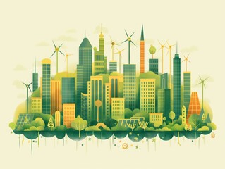 A cityscape with many buildings and windmills. The city is green and has a lot of trees