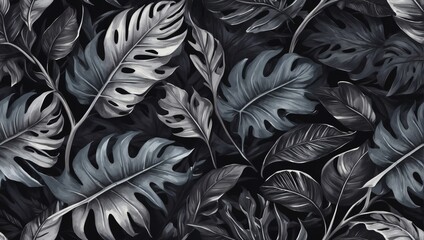 Obsidian-Toned Seamless Background Adorned with Exotic Leaves for an Intriguing Look.