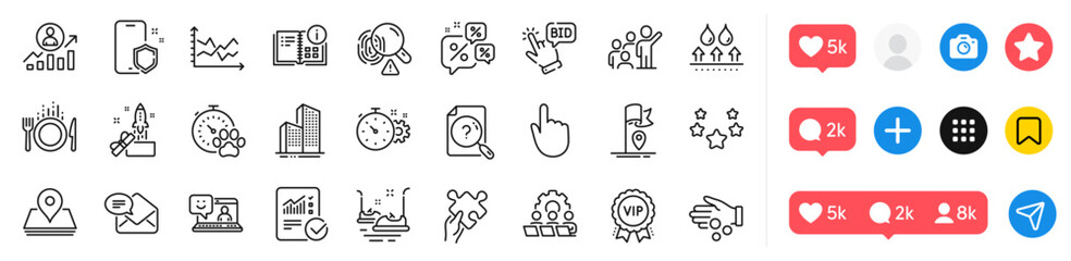 Fototapeta premium Stars, Checked calculation and Dog competition line icons pack. Social media icons. Vip award, Smile, Innovation web icon. Food, Bumper cars, Hand click pictogram. Vector