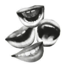 Human mouths halftone collage. Lips smiling, talking, screaming, shouting. Dotted modern retro urban magazine style pop art element sticker clip art. Vector illustration