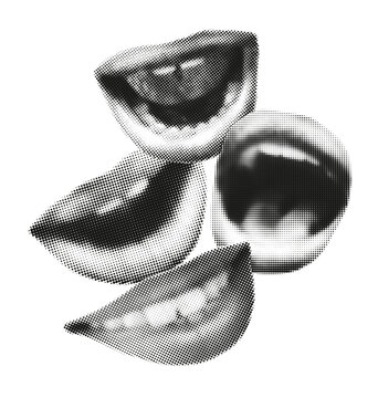 Human mouths halftone collage. Lips smiling, talking, screaming, shouting. Dotted modern retro urban magazine style pop art element sticker clip art. Vector illustration