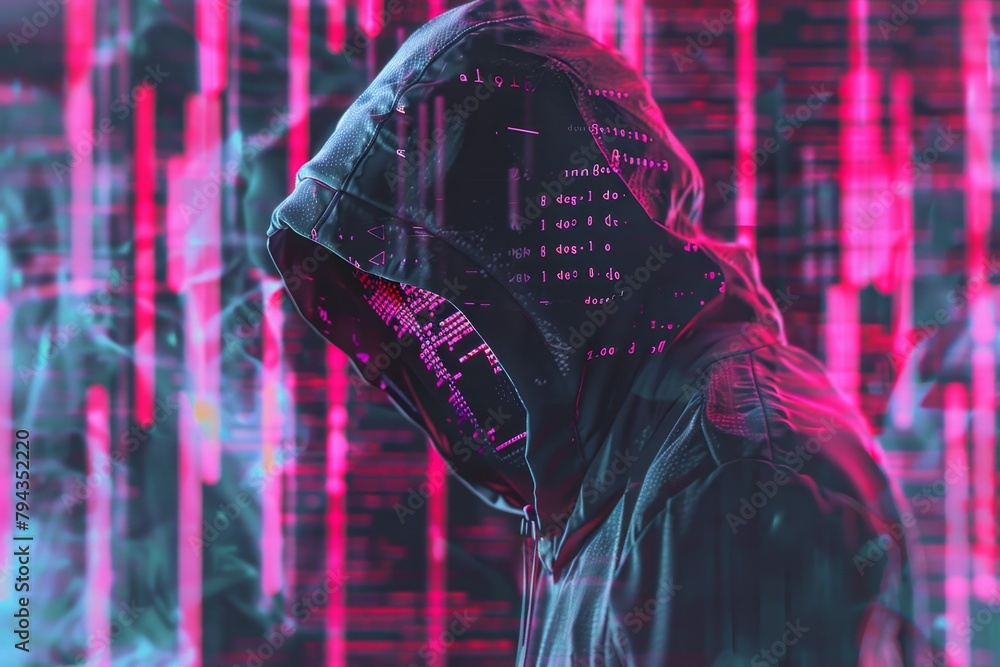 Poster a hacker in a hooded sweatshirt, glitch art background, code lines and numbers written on the screen