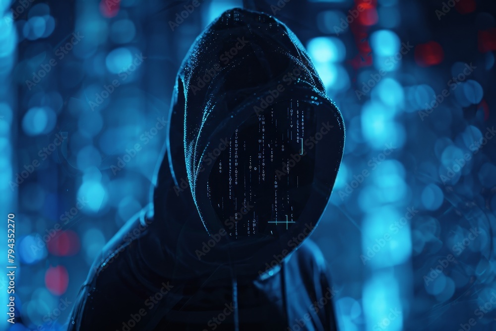 Poster a hacker wearing a hooded sweatshirt with a glitchy digital code background, their face obscured by 