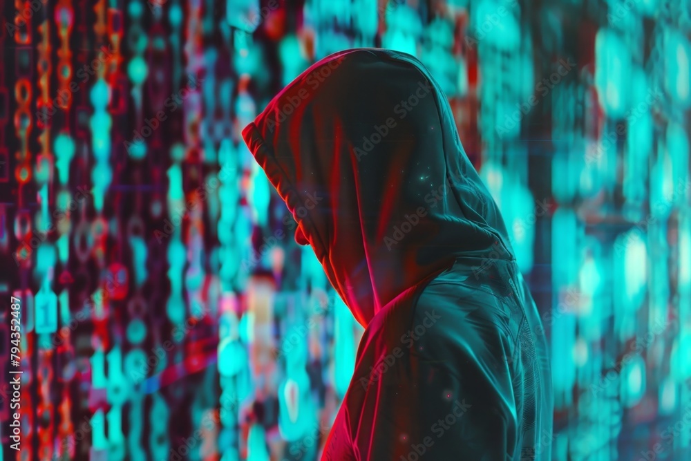Poster a hacker in a hooded sweatshirt, glitch art background, code lines and numbers written on the screen