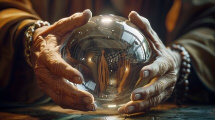 Old fortune teller's hands around a crystal ball