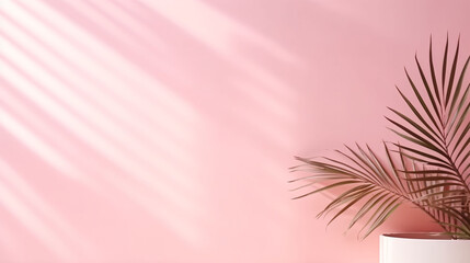 Fototapeta premium Blurred shadow from palm leaves on the light pink wall. Minimal abstract background for product presentation. Spring and summer. 