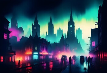 Obraz premium A futuristic city skyline at night with colorful neon lights, tall skyscrapers, and a car driving on a road in the foreground