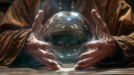 Old fortune teller's hands around a crystal ball
