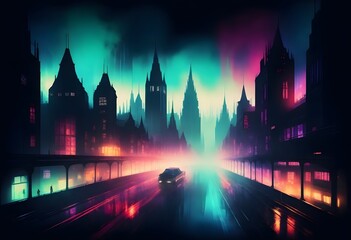 Obraz premium A futuristic city skyline at night with colorful neon lights, tall skyscrapers, and a car driving on a road in the foreground